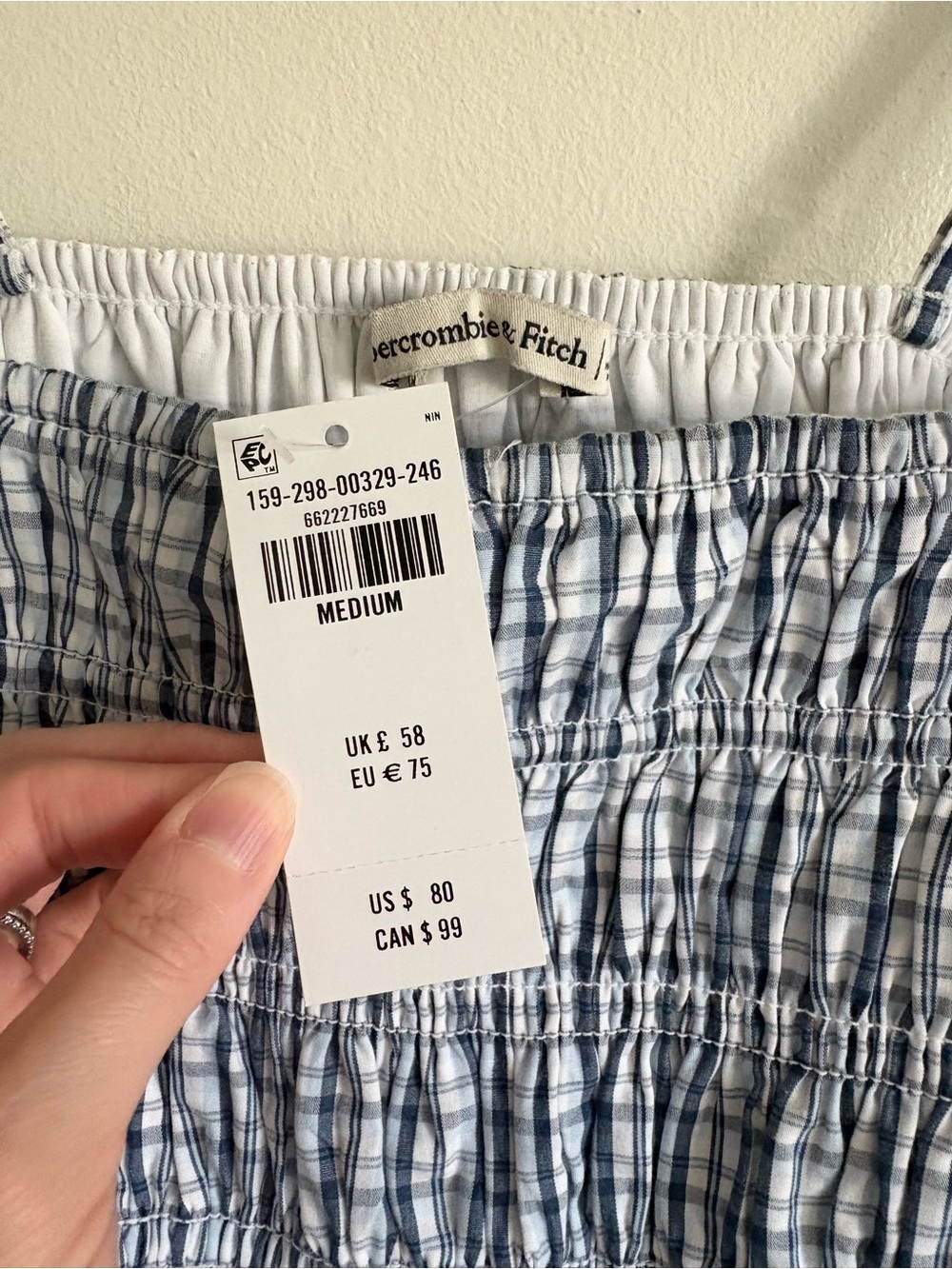 Abercrombie & Fitch Babydoll Smocked Mini Dress in Blue Gingham NEW - Picture 7 of 7